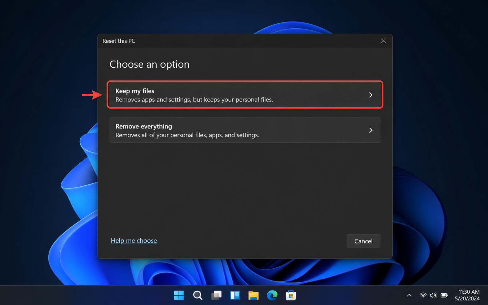 ภาพจำลองหน้าต่าง Reset this PC ไฮไลต์ Keep my files