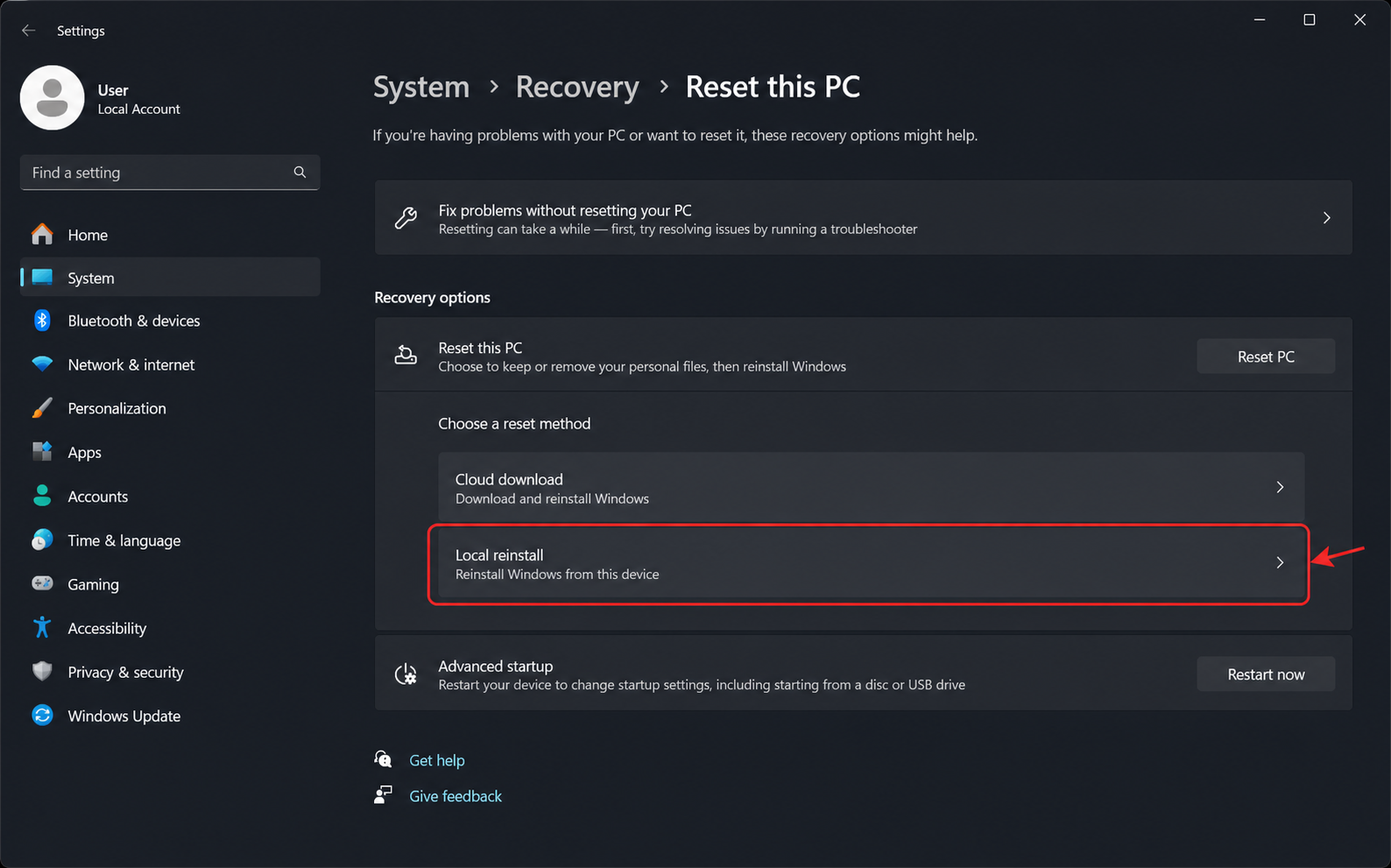 ภาพจำลอง Windows 11 Reset this PC ไฮไลต์ Local reinstall