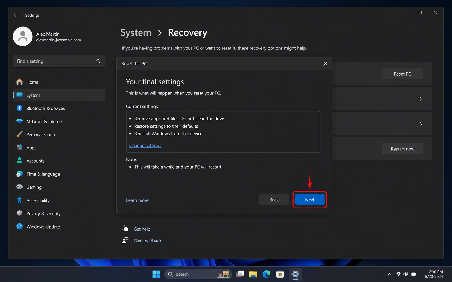 ภาพจำลองหน้าสรุป Reset this PC ไฮไลต์ปุ่ม Next