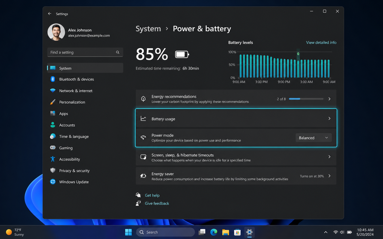 Windows 11 Power and battery highlighted