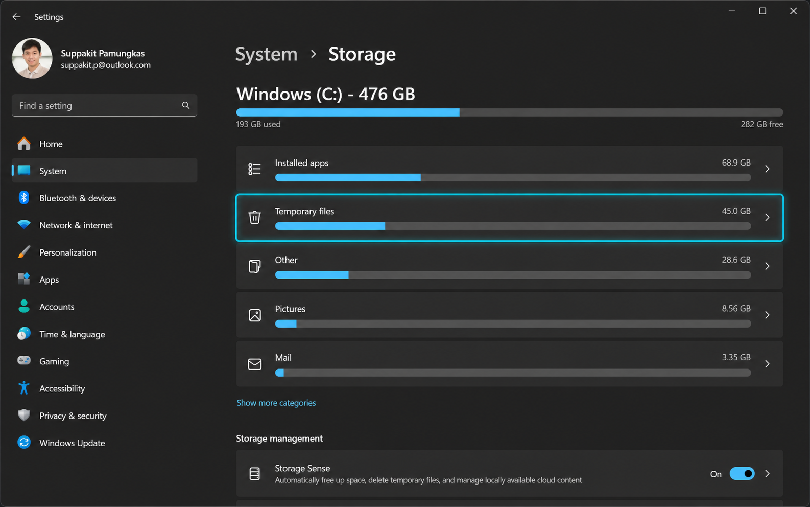 Windows 11 Temporary files highlighted