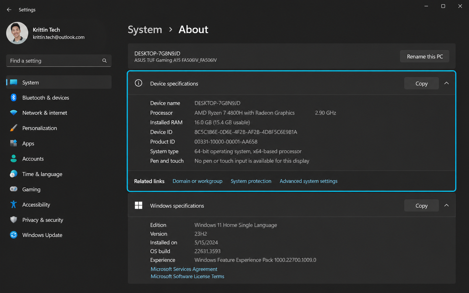 Windows 11 device specifications highlighted