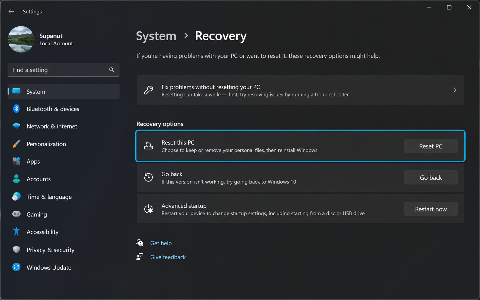 Windows 11 Recovery Reset this PC highlighted